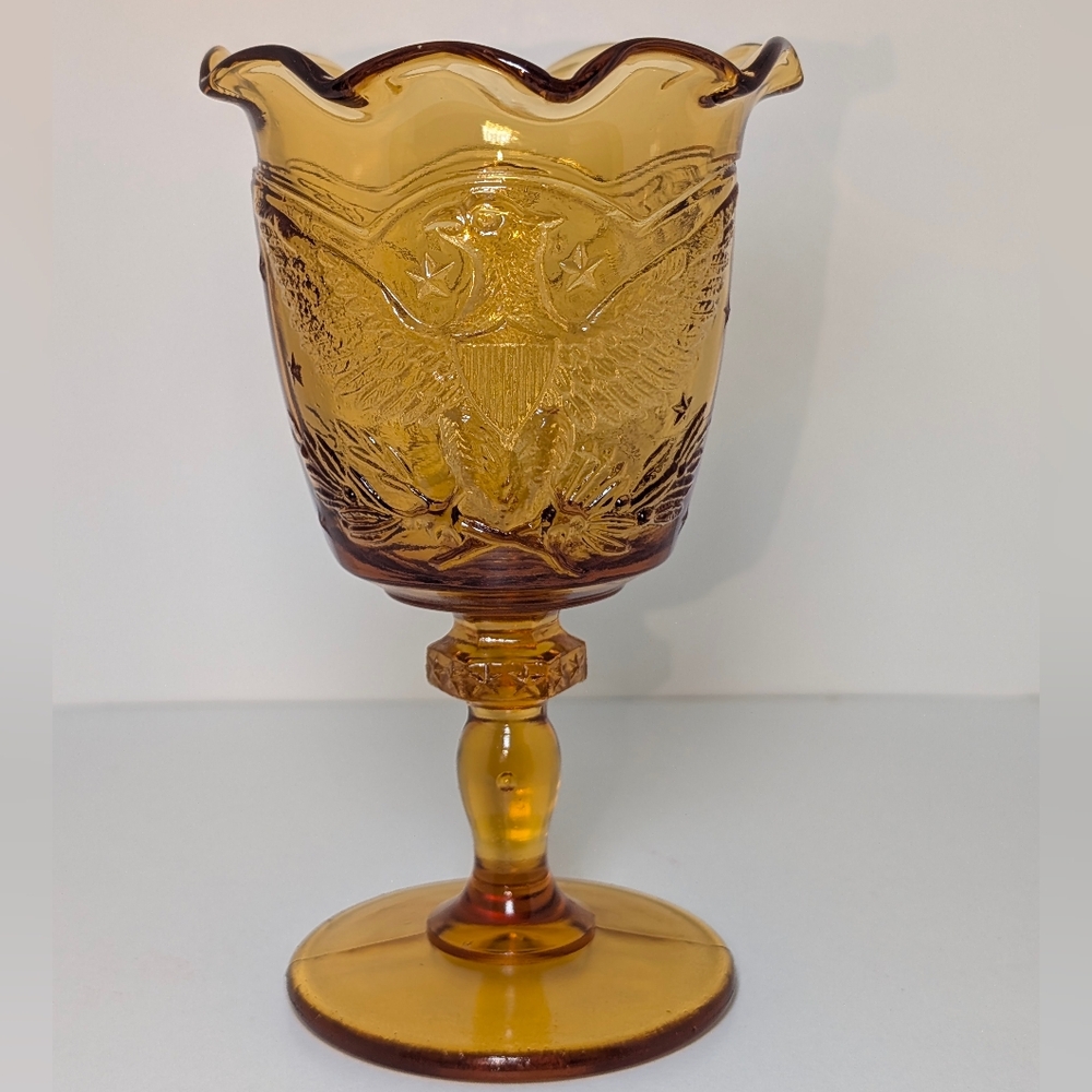 L.E. Smith Amber Federal Heritage Glass Goblet American Eagle Stars MCM